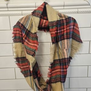 Plaid Fringe Infinity Scarf - Red, Tan, Green